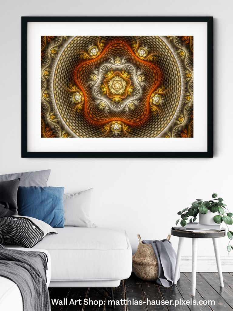 Snakeskin Fractal with warm tones on the wall of a living room